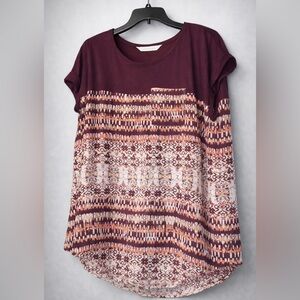 Rewind Burgundy and Cream Patterned Short Sleeve Top